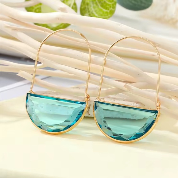 Blue Crescent Hoop Gold Earrings - Picture 5 of 6